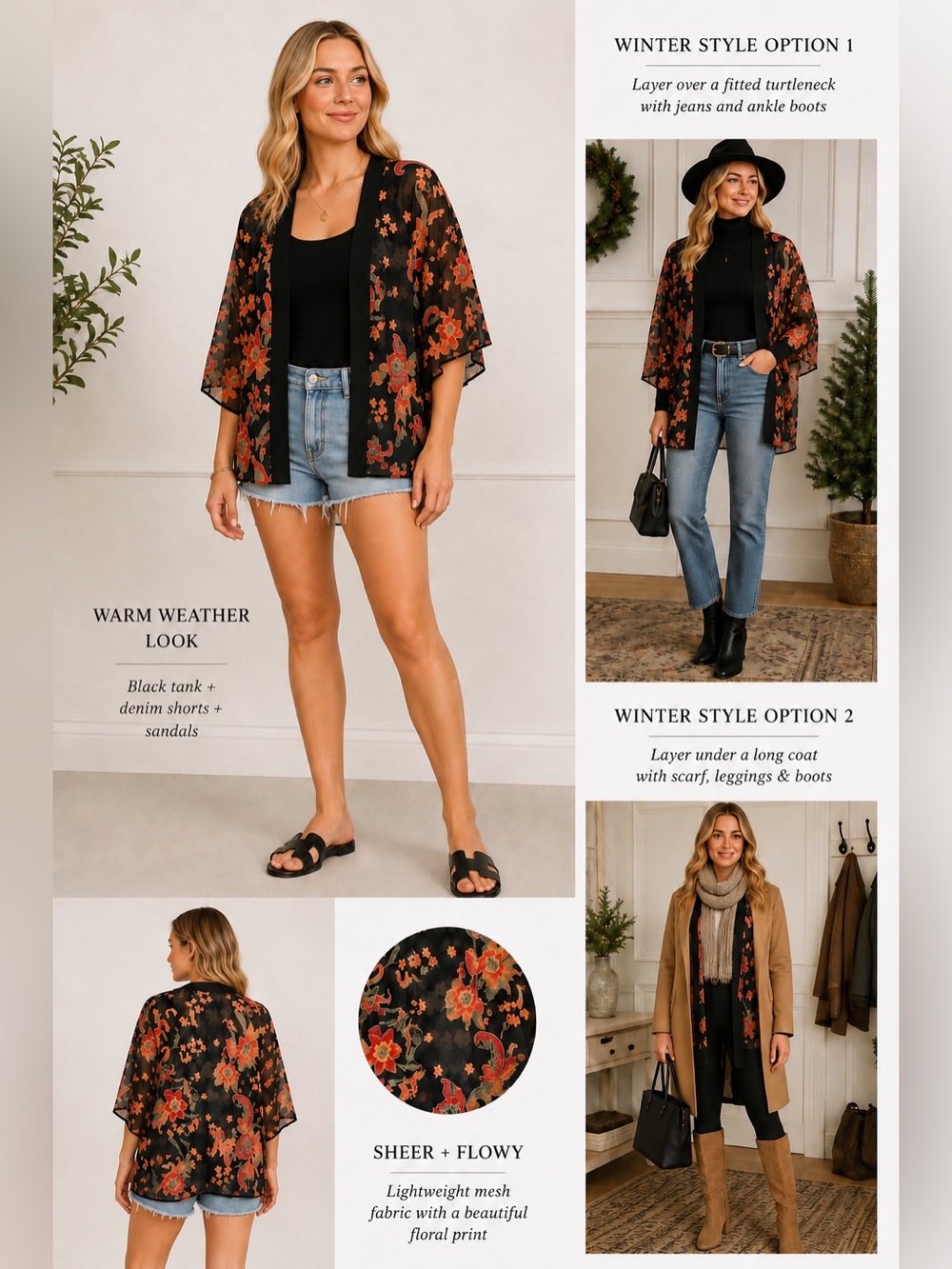 Sheer Mesh Kimono Cardigan Open Front Duster Top Women's Size M Black & Coral